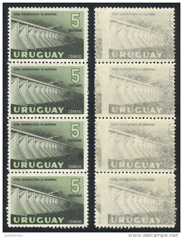 Yv.650a, 5c. Baygorria Dam, Strip Of 4 With VARIETY: Double Impression, One On Reverse, VF Quality, Catalog Value... - Uruguay