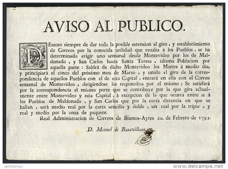 Original Printed Document Of 20 February 1793, Signed By The General Postmaster Of Buenos Ayres Manuel De... - Uruguay