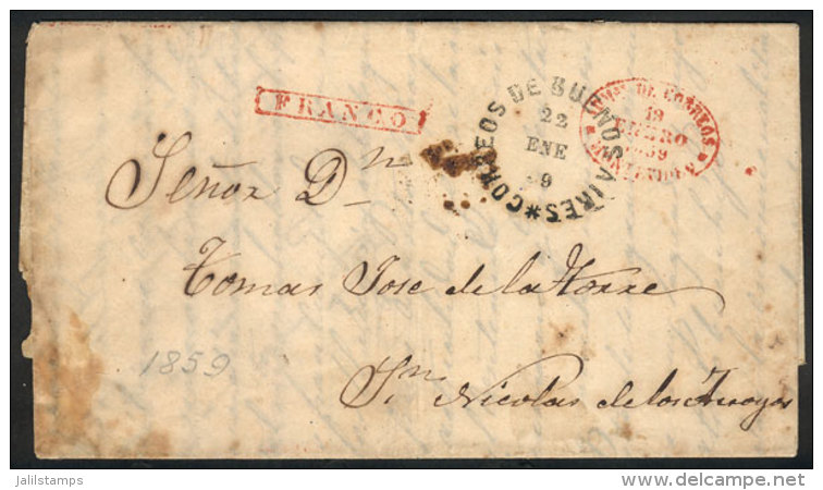 Long Entire Letter Of 19/JA/1859 Sent From MONTEVIDEO To San Nicol&aacute;s, With Red Oval Datestamp Of Montevideo... - Uruguay