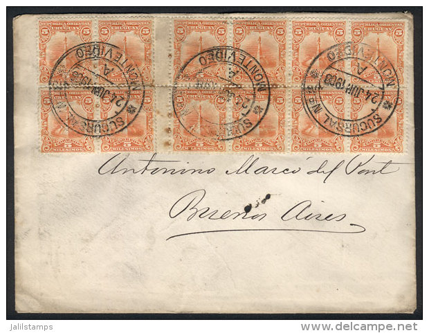 Cover Franked With 16 Examples Of Sc.151 (4 Blocks Of 4, One On Reverse), Sent To Argentina On 24/JUN/1908,... - Uruguay