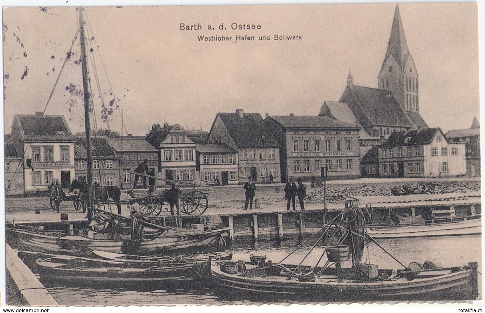 BARTH Ostsee Westlicher Hafen Bollwerk Pferde Wagen Belebt Gelaufen 7.3.1914 Fischer Boote Reuse - Barth