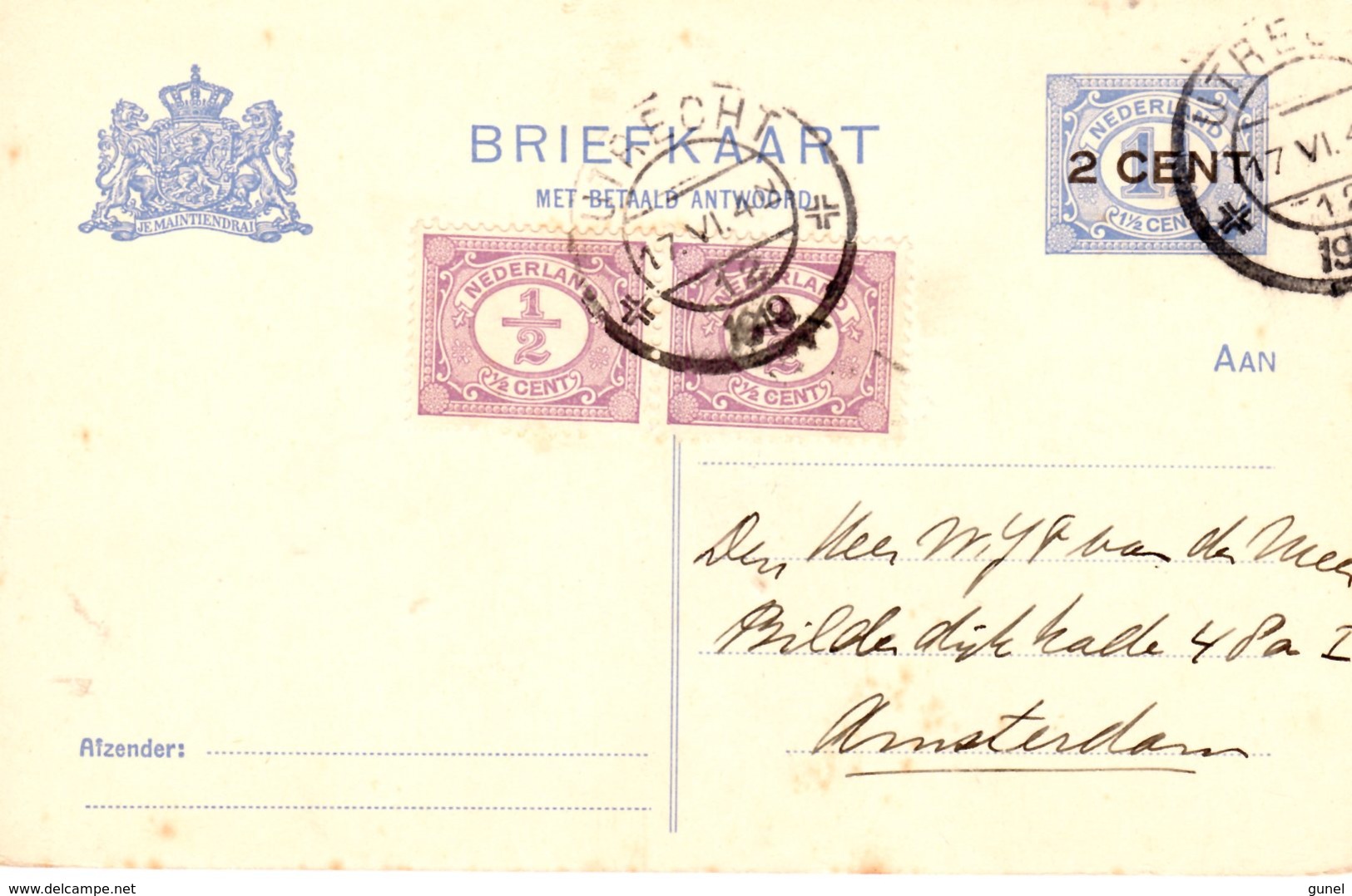 1919 BK G93 I V Bijgefrankeerd Van Utrecht Naar Amsterdam - Postal Stationery