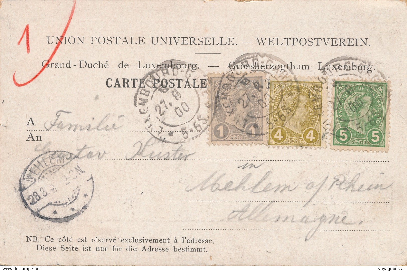 Carte Union Postale Universelle CaD Luxembourg 5,4&1c - 1895 Adolphe Profil