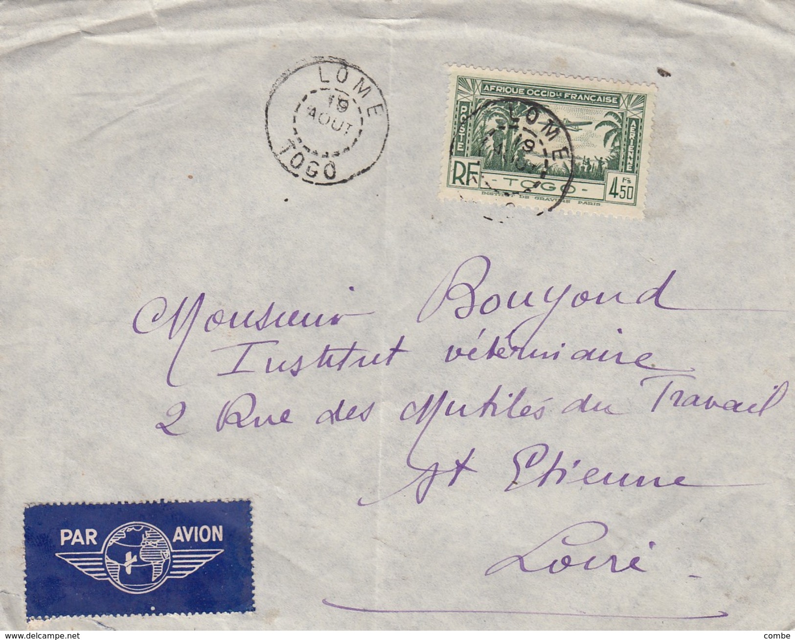 TOGO. LETTRE.  P.A.N° 150 SEUL.  19 AOUT 1941.  LOME POUR ST ETIENNE   /  2 - Lettres & Documents