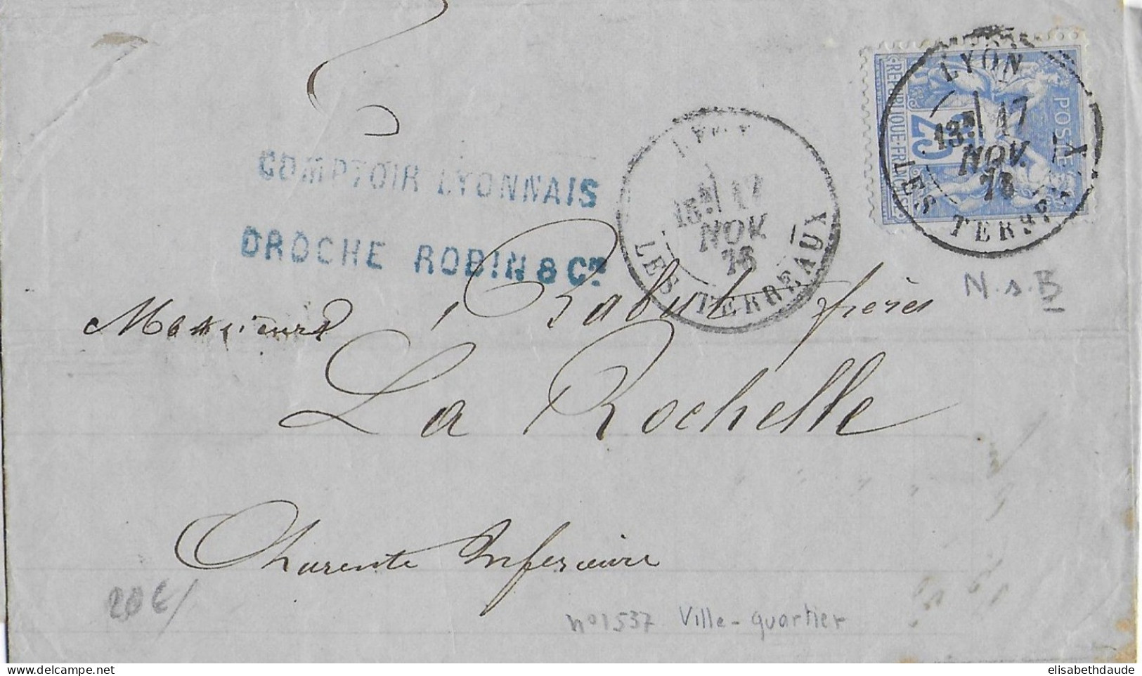 TYPE SAGE N/B - 1876 - RARE 25c SEUL Sur LETTRE De LYON => LA ROCHELLE - 1876-1878 Sage (Type I)