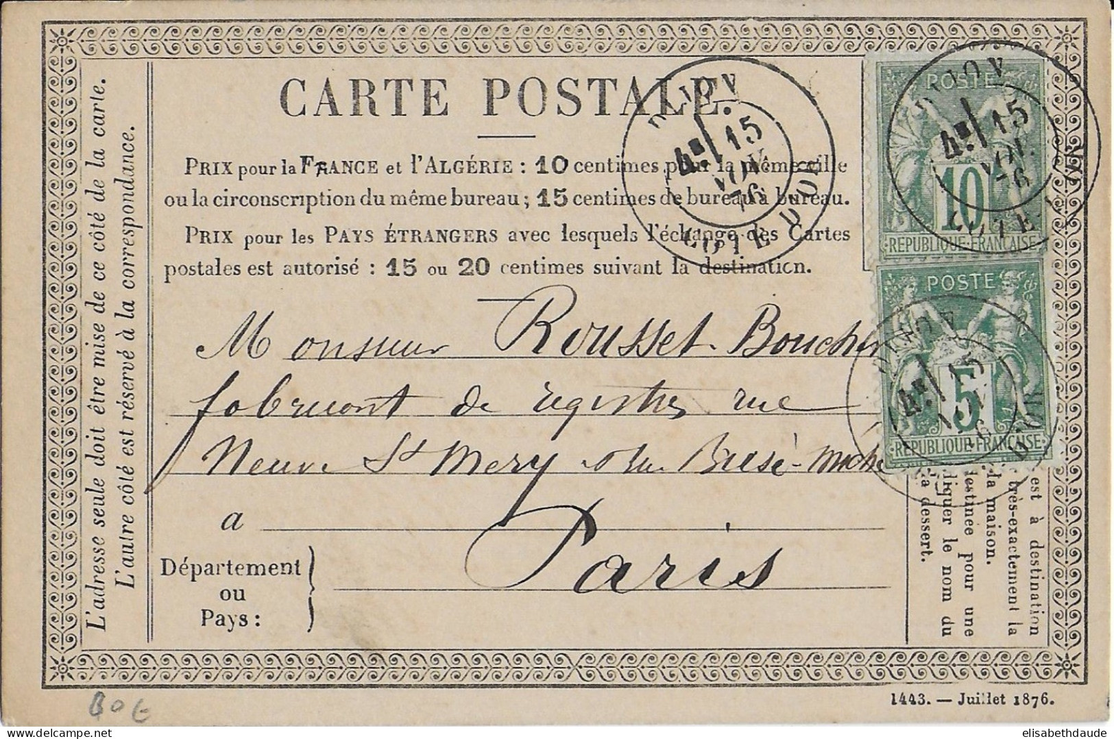 1876 - TYPE SAGE N/B 10c + 5c Sur CARTE PRECURSEUR ENTIER De DIJON (COTE D'OR) - 1876-1878 Sage (Type I)