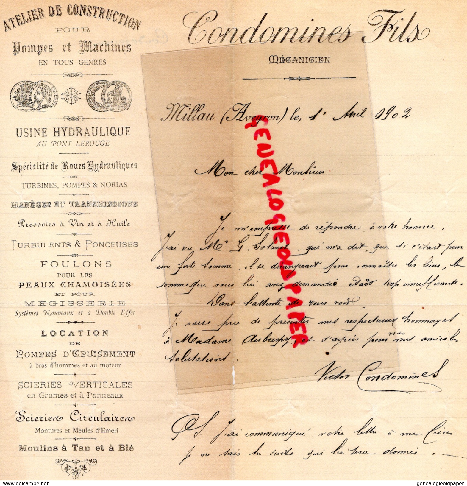 12 - MILLAU- FACTURE CONDOMINES FILS- ATELIER CONSTRUCTION POUR MEGISSERIE-SCIERIE- USINE HYDRAULIQUE- 1902 FOULONS - Petits Métiers