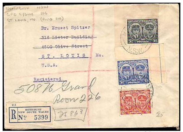 1945 AUSTRALIA REGISTERED MULTI STAMP TO UNITED STATES FORWARDED - Marcofilie