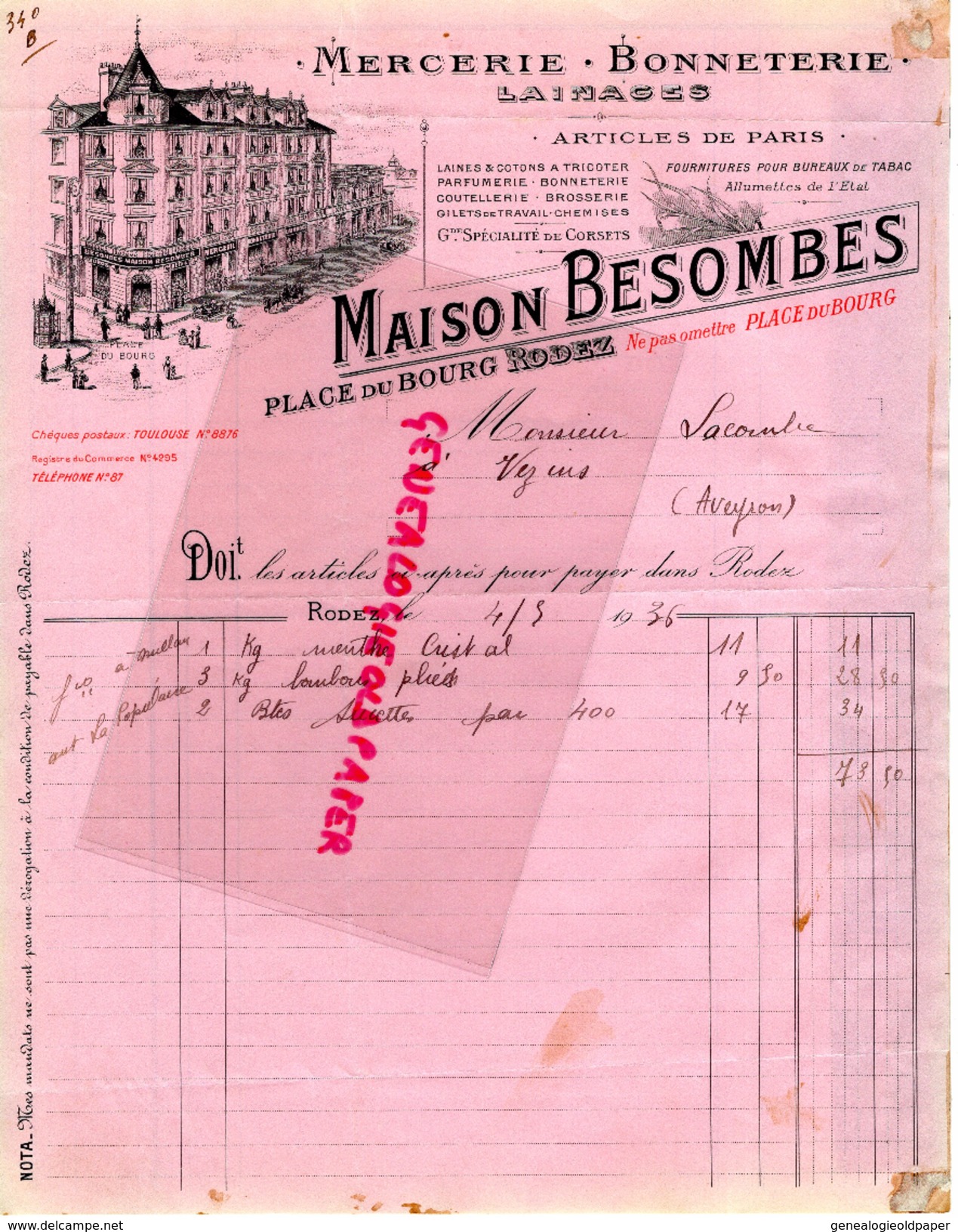 12 - RODEZ-BELLE FACTURE MAISON BESOMBES-MERCERIE BONNETERIE-PLACE BOURG- A M. LACOMBE A VEZINS -1936 - Petits Métiers