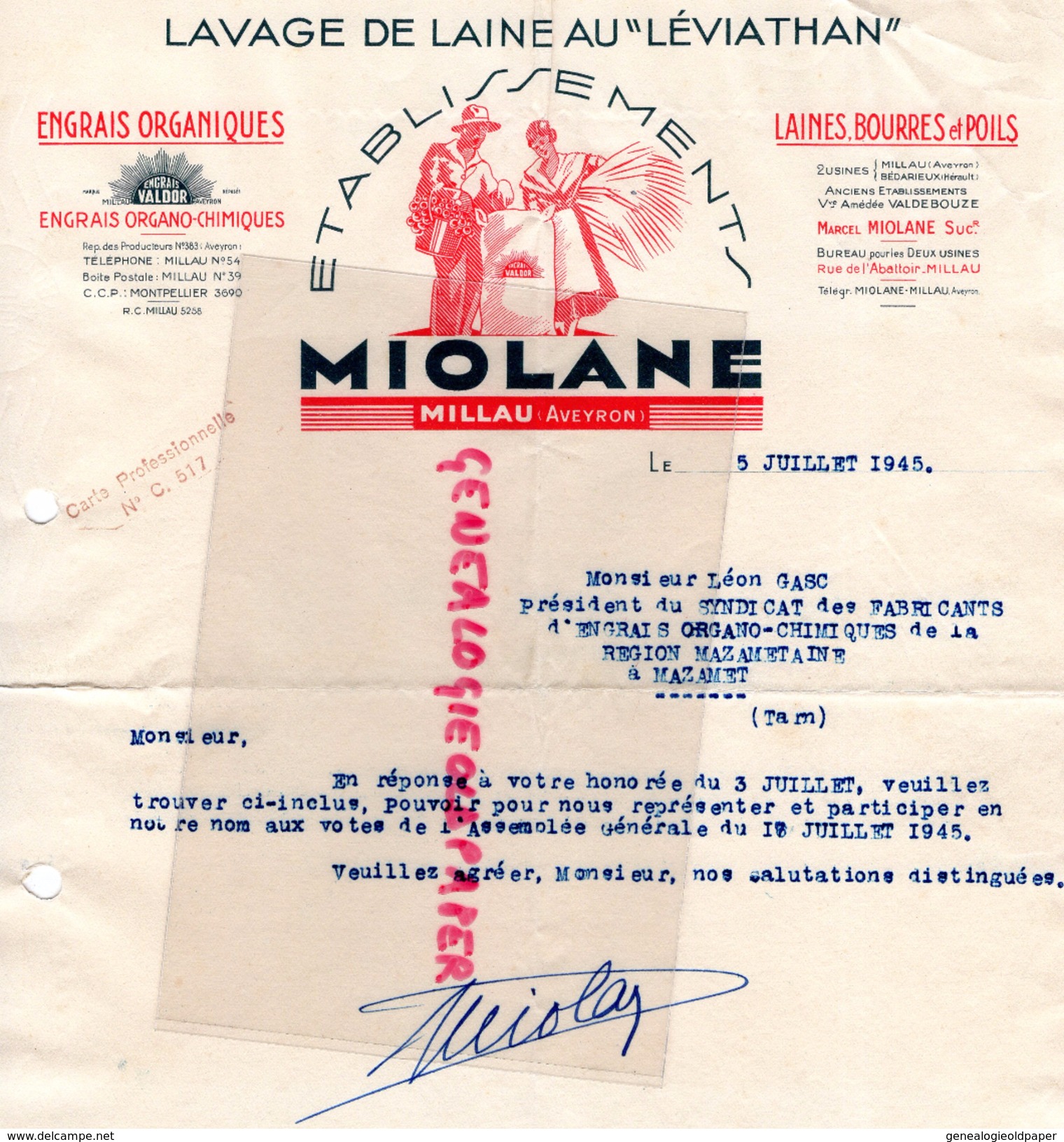 12 - MILLAU- BELLE FACTURE MIOLANE- LAVAGE DE LAINE AU LEVIATHAN- A LEON GASC MAZAMET- 1945 - Petits Métiers
