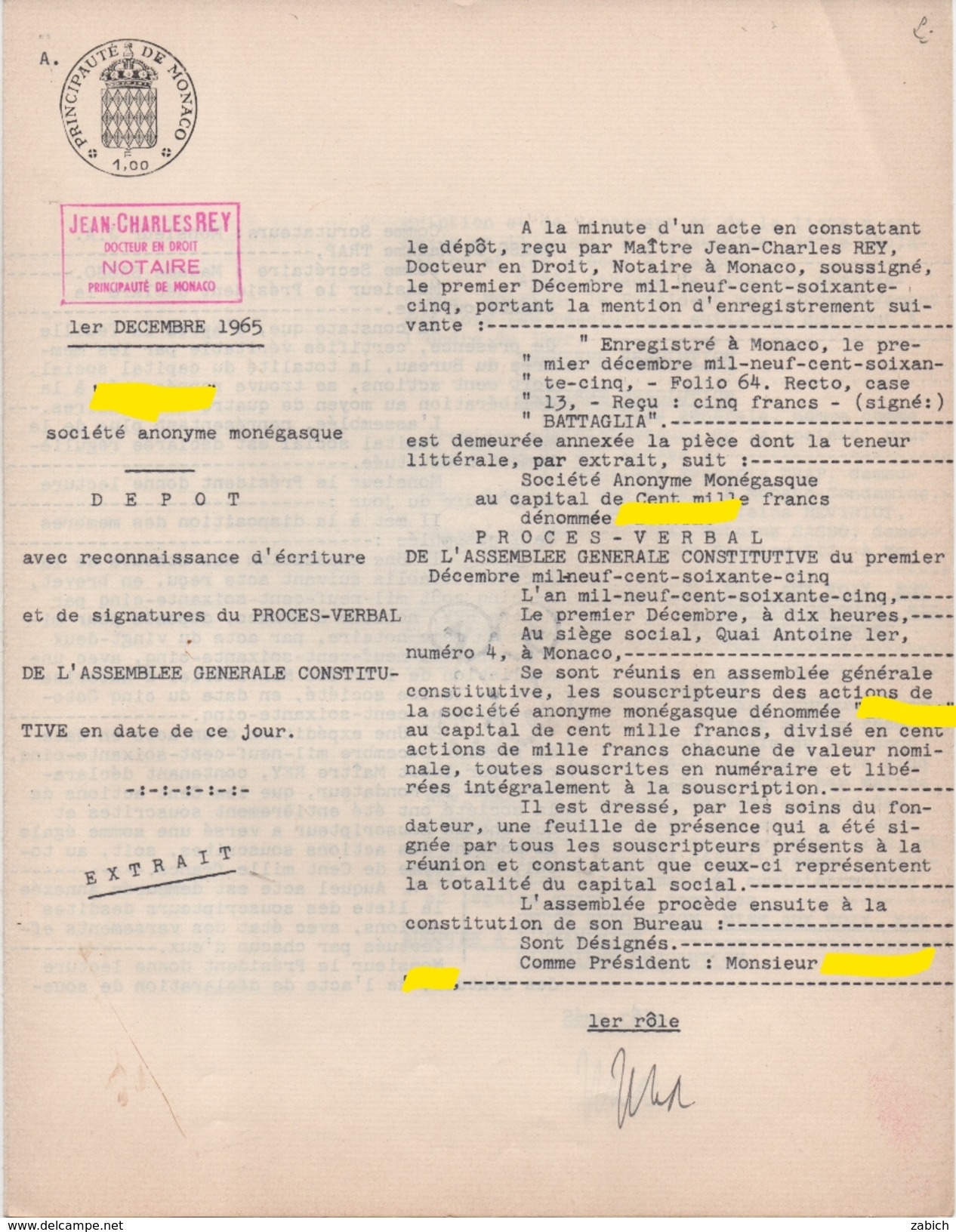 FISCAUX DE MONACO PAPIER TIMBRE à 1F00 "blason" Sur Document Du 1 Décembre 1965 FILIGRANE RAINIER  III - Steuermarken