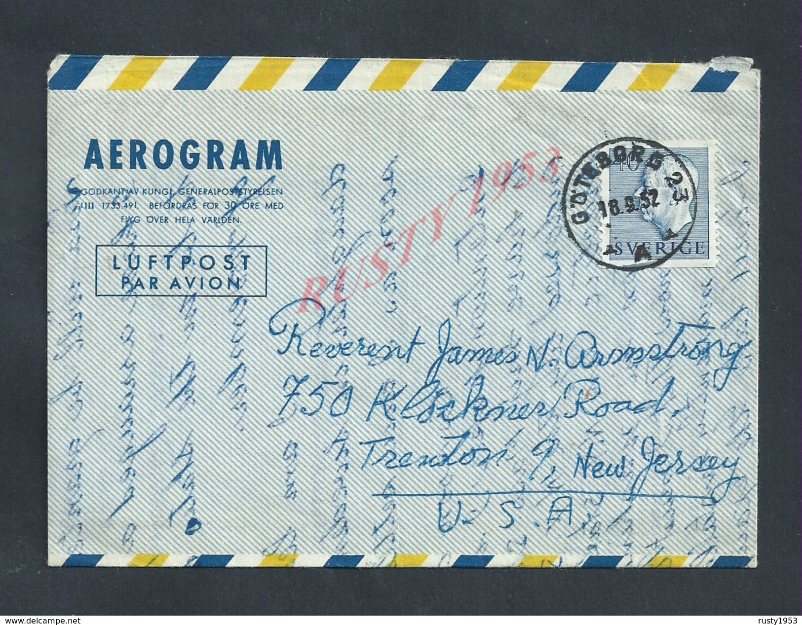 SUÈDE SWEDEN 1952 AÉROGRAM OU AÉROGRAMME POUR TRENTON NEW JERSEY USA : - Briefe U. Dokumente