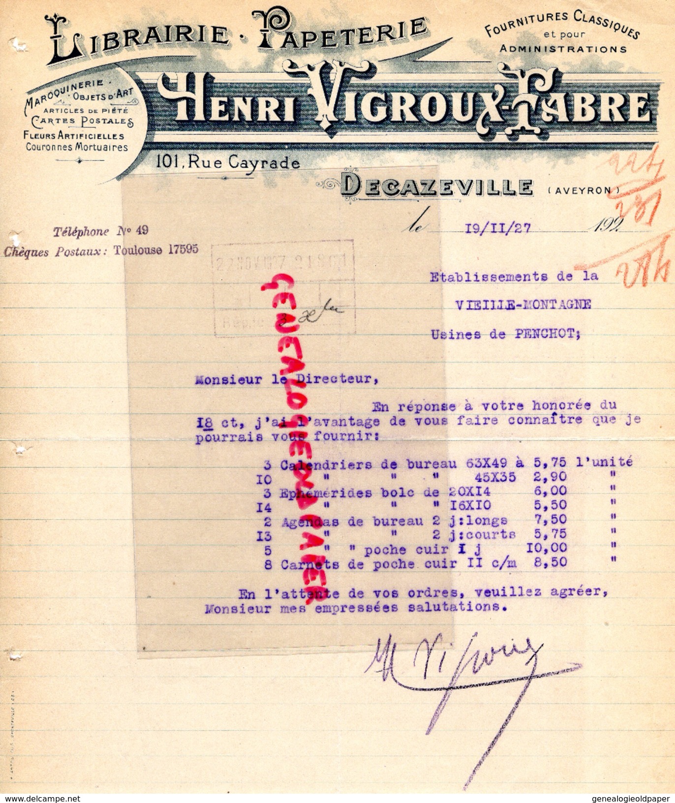 12 - DECAZEVILLE-FACTURE HENRI VIGROUX FABRE-LIBRAIRIE PAPETERIE-101 RUE CAYRADE- ETS VIEILLE MONTAGNE USINES DE PENCHOT - Imprimerie & Papeterie