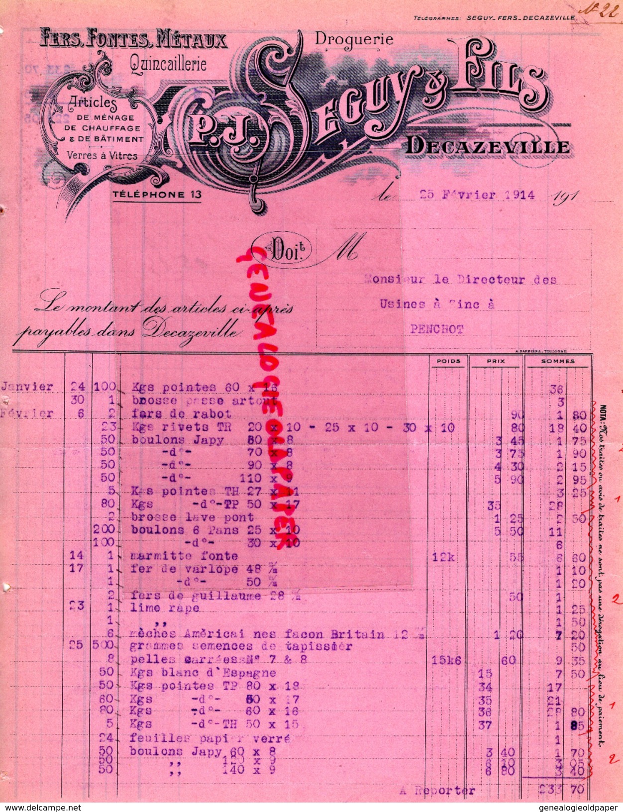 12 - DECAZEVILLE-FACTURE SEGUY FILS- QUINCAILLERIE DROGUERIE - FERS FONTES METAUX- USINES A ZINC A PENCHOT- 1914 - Droguerie & Parfumerie