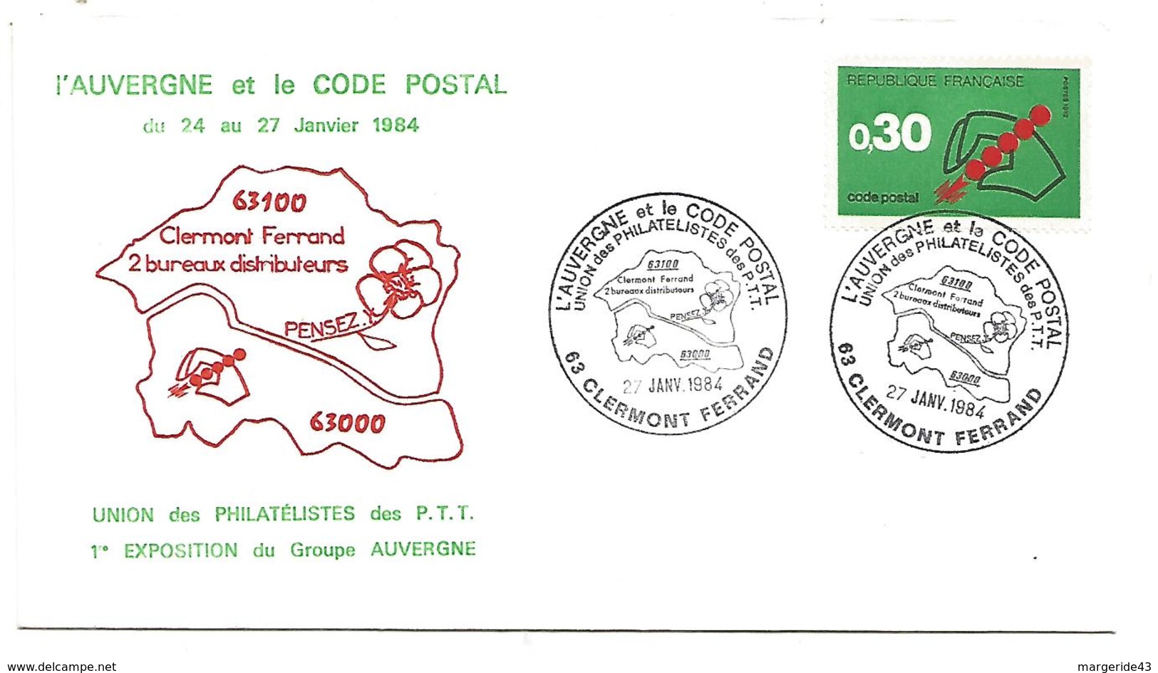 OBLITERATION L'AUVERGNE ET LE CODE POSTAL CLERMONT FERRAND 1984 - Poste Ferroviaire