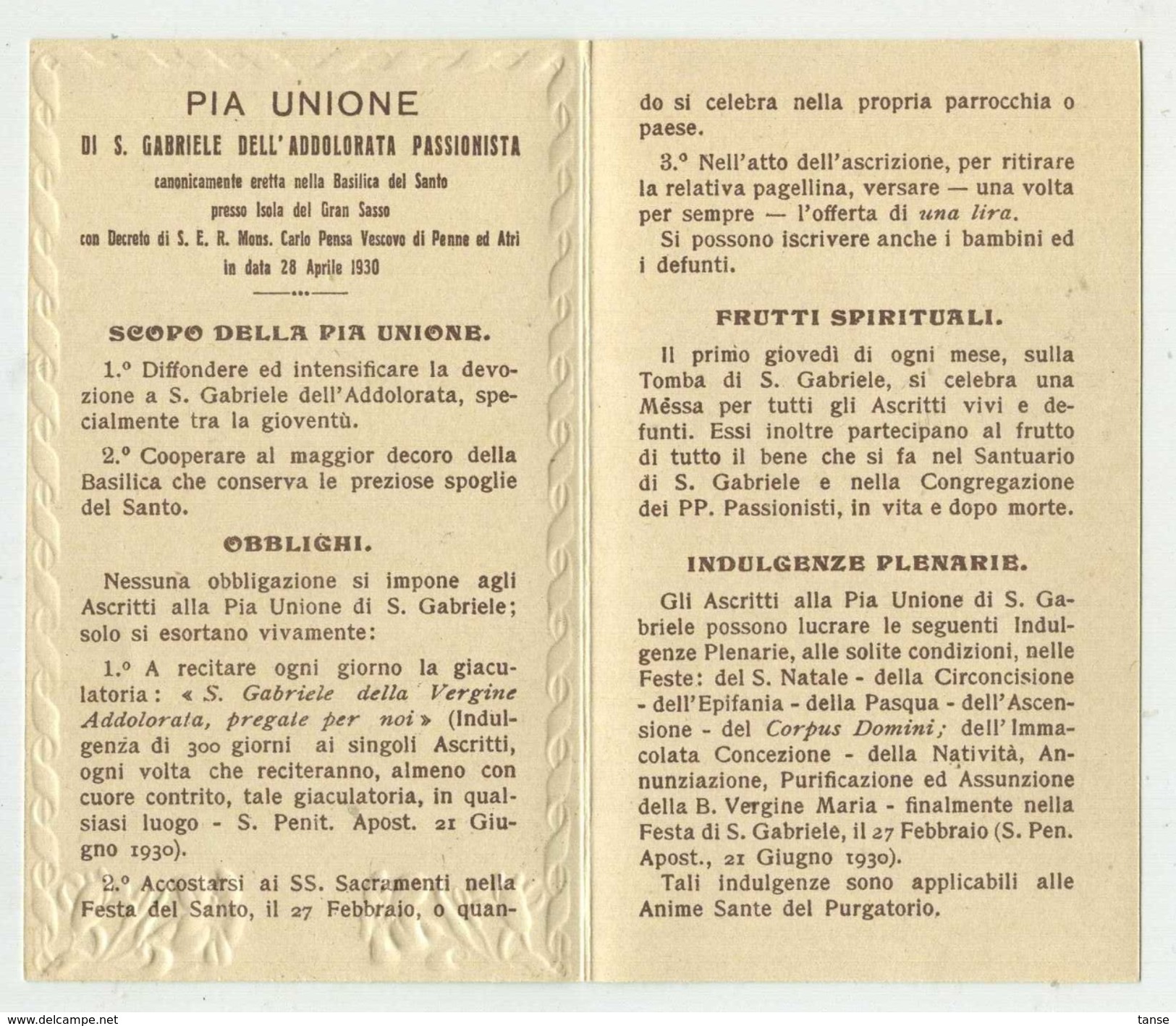 S.Gabriele Dell'Addolorata - Isola Del Gran Sasso (Teramo) - Pia Unione - Devotion Images