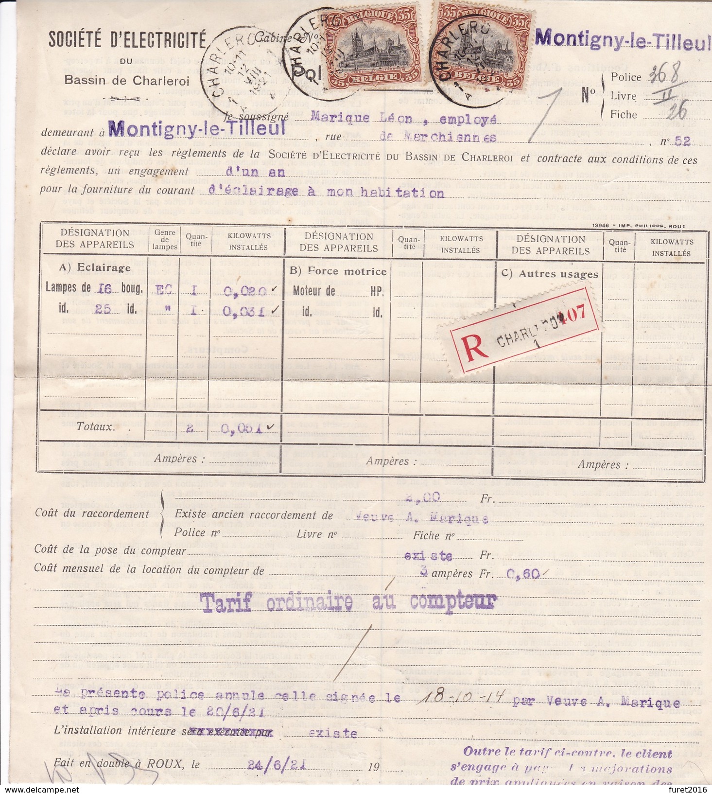 N° 142 / Contrat Fourniture  Electricité  Envoyé De Charleroi En Recommandé  ( Complet Trop Grand Pour Le Scan ) - 1915-1920 Albert I