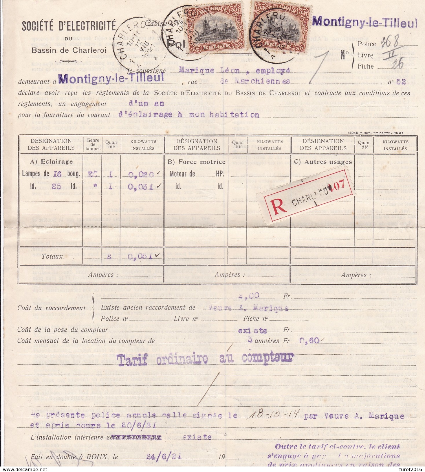 N° 142 / Contrat Fourniture  Electricité  Envoyé De Charleroi En Recommandé  ( Complet Trop Grand Pour Le Scan ) - 1915-1920 Albert I