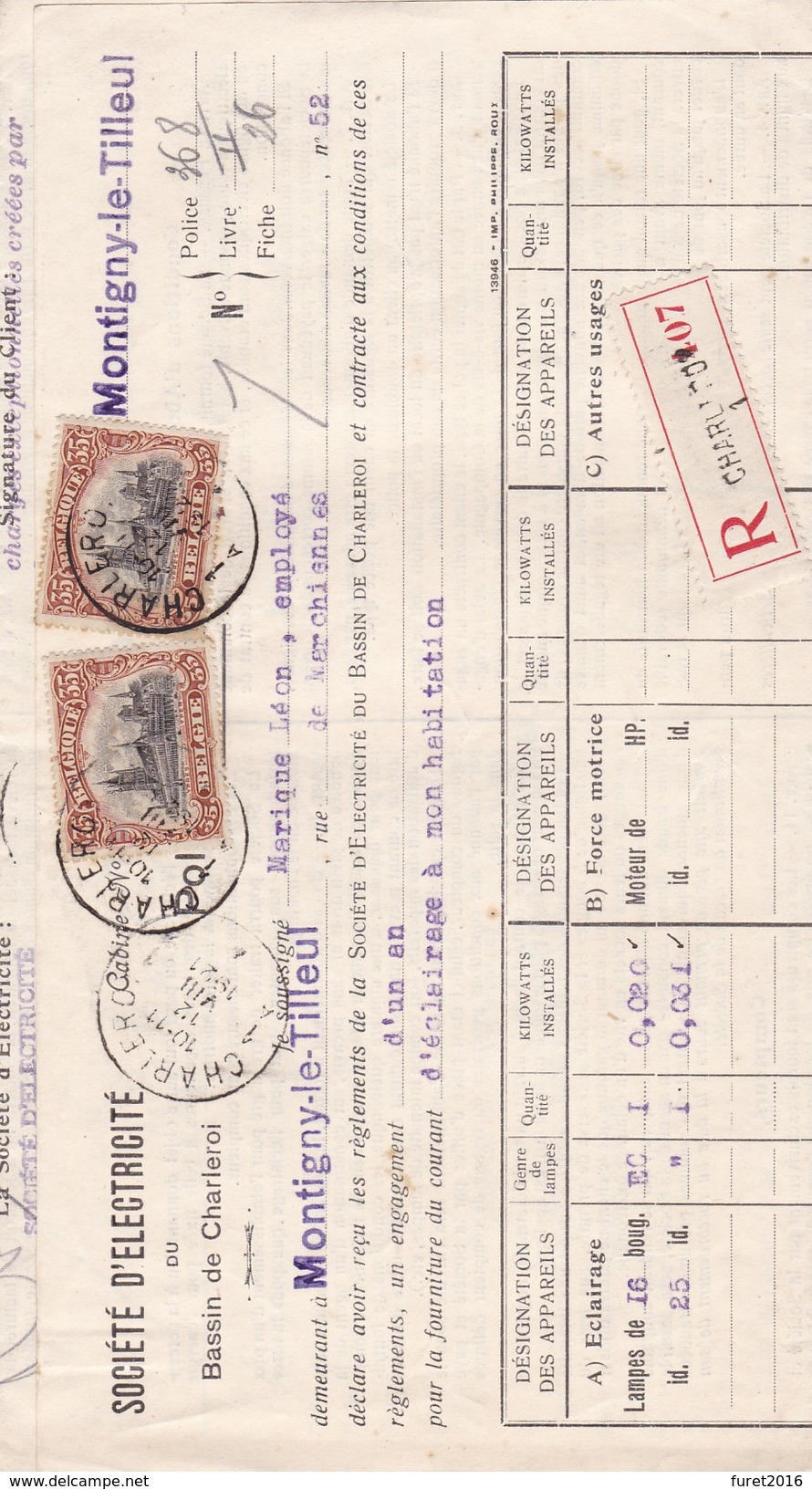 N° 142 / Contrat Fourniture  Electricité  Envoyé De Charleroi En Recommandé  ( Complet Trop Grand Pour Le Scan ) - 1915-1920 Albert I