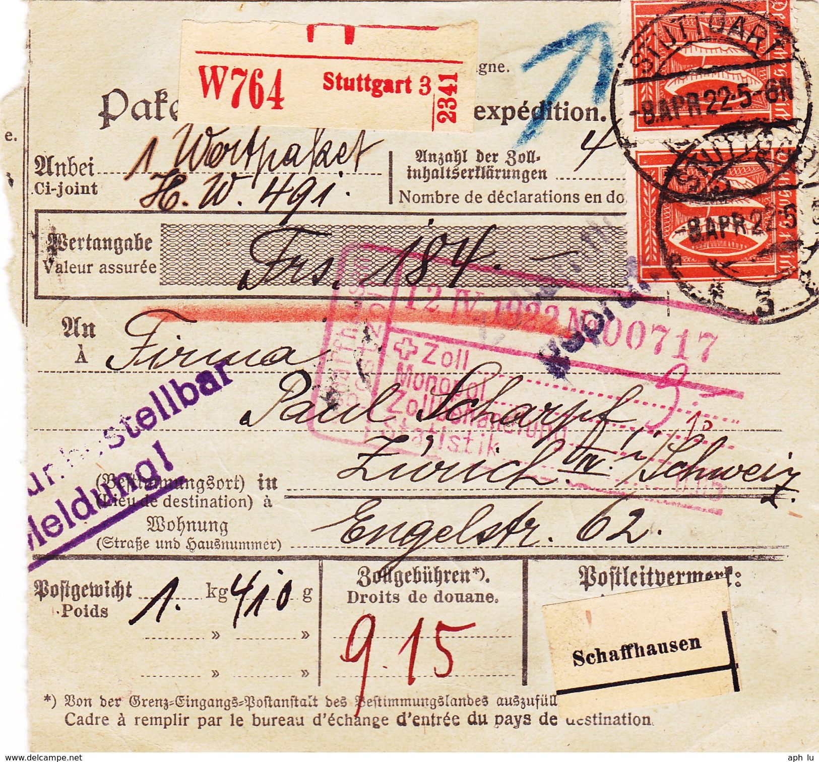 Paketkarte Ab Stuttgart In Die Schweiz (br0676) - Covers & Documents