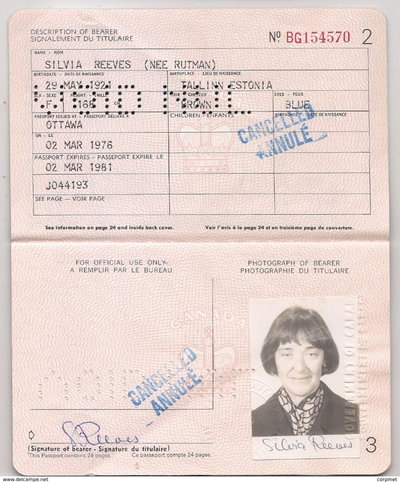 CANADA -1976 PASSPORT - PASSEPORT - ESTONIA Born Lady - PASSPORT With The 2 Names The Old ESTONIAN And The New CANADIAN - Documentos Históricos