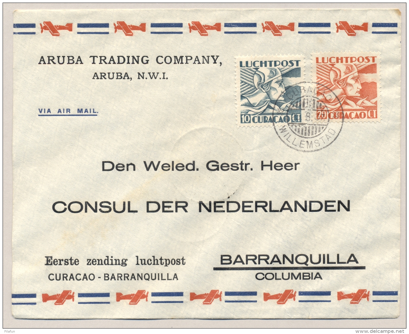 Curacao - 1937 - 10 &amp; 20 Cent Luchtpost Op 1e Vlucht Per Snip Van Curacao - Barranquilla / Columbia - Curaçao, Nederlandse Antillen, Aruba