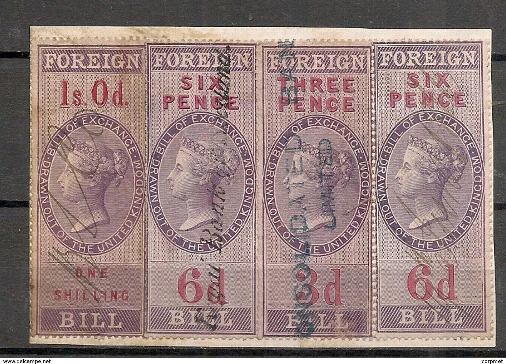 UK - Victoria FOREIGN BILL 4 REVENUE STAMPS On Card - Revenue Stamps