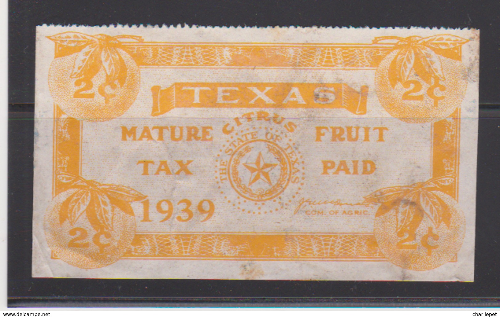 United States Texas 1939 Mature Citrus Fruit Tax Paid Stamp In Yellow Used 2 Cent - Revenues