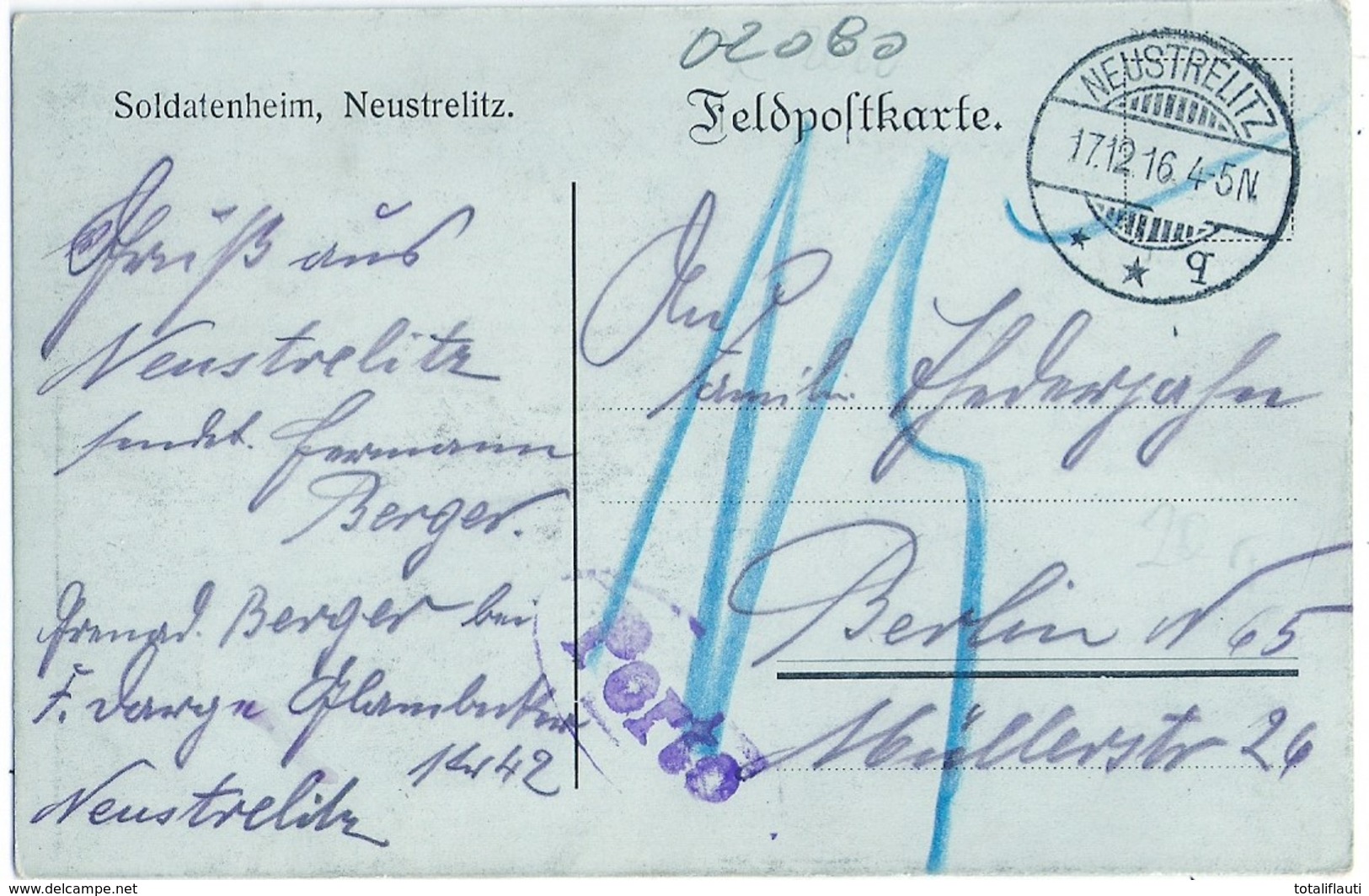 NEUSTRELITZ Mecklenburg Soldatenheim Belebt Gelaufen Als Feldpost 17.12.1916 Nachporto Stempel - Neustrelitz