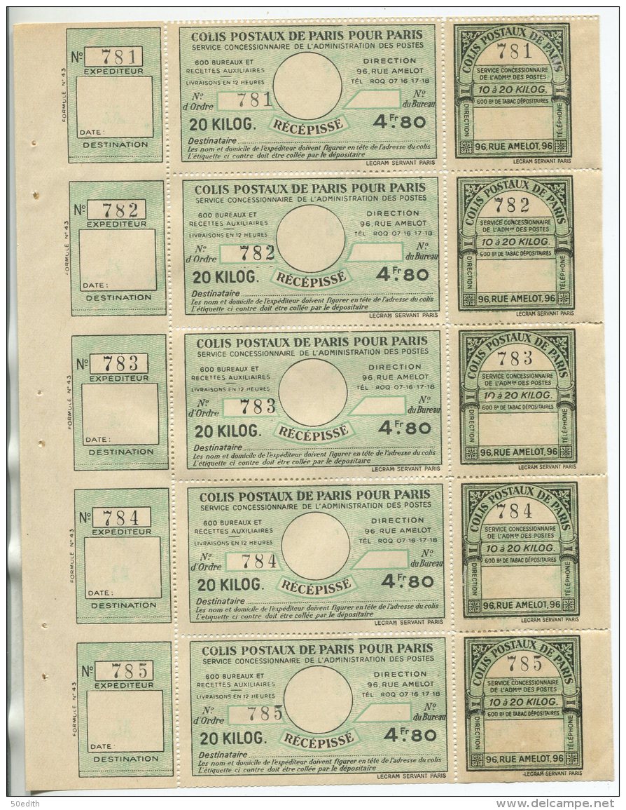 Colis Postaux De Paris Pour Paris  N°142 ,   4F80  Vert Bloc De 5, Acheminement Normal - Neufs