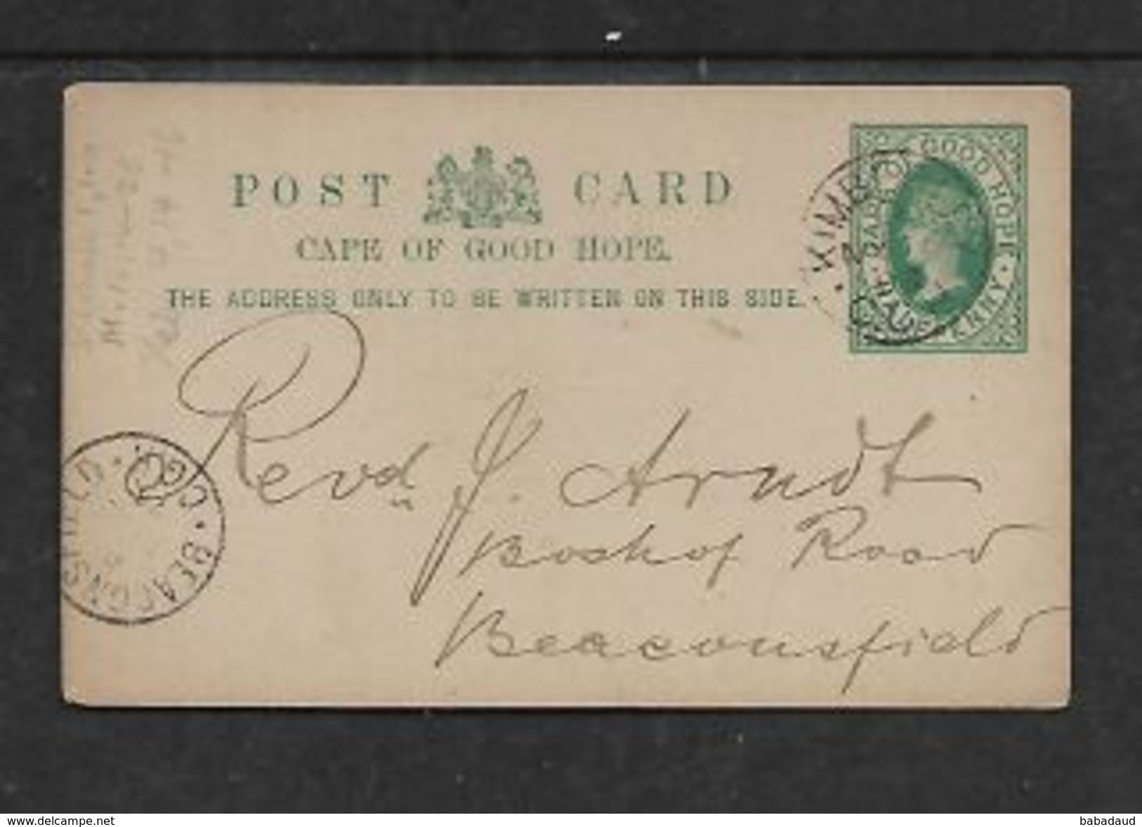 S.Africa, Cape Of Good Hope, 1/2d Postal Card, Used 1893 KIMBERLEY > BEACONSFIELD - Cabo De Buena Esperanza (1853-1904)