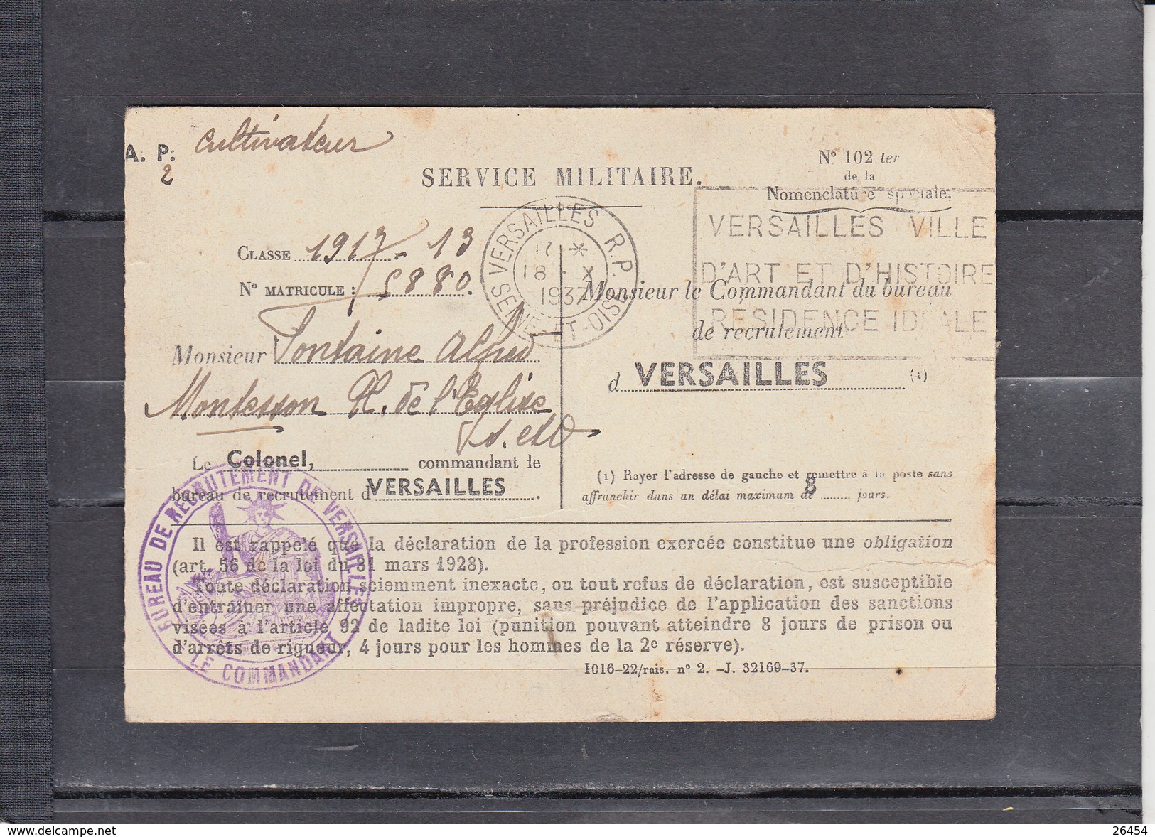 Carte De  SERVICE MILITAIRE D'un Cultivateur A MONTESSON S.et.O.  Delivree A VERSAILLES Le 18 X 1937 - Marques D'armée (avant 1900)