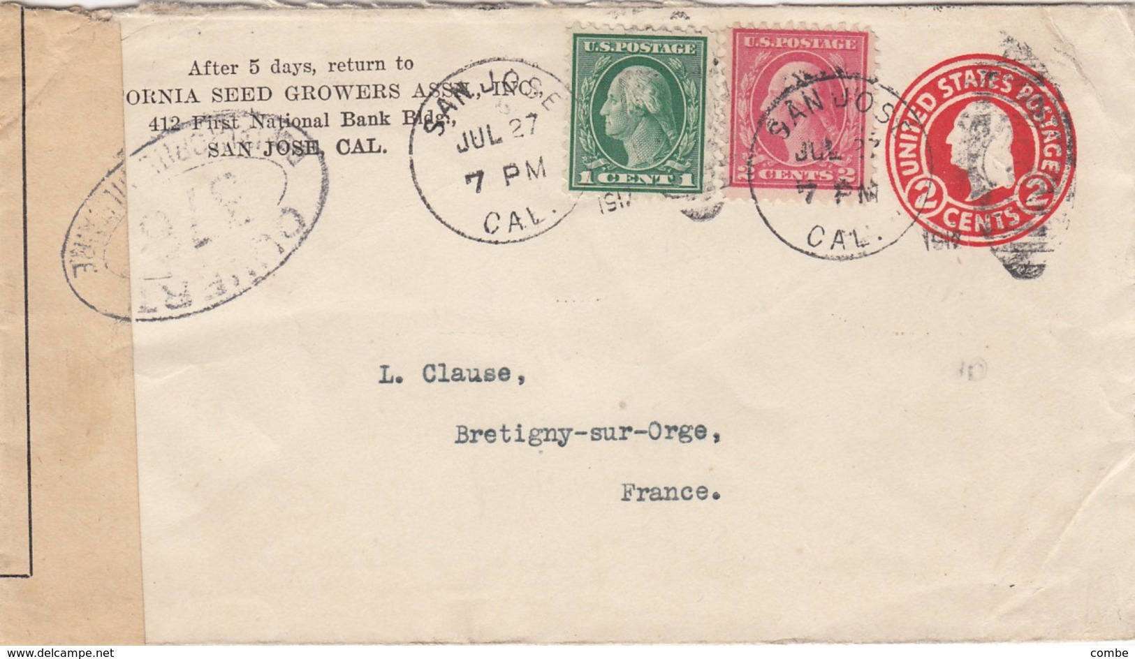 USA. COVER ENTIRE 2 CENT.  27 7 1917. CENSOR. SAN JOSE TO FRANCE - Cartas & Documentos