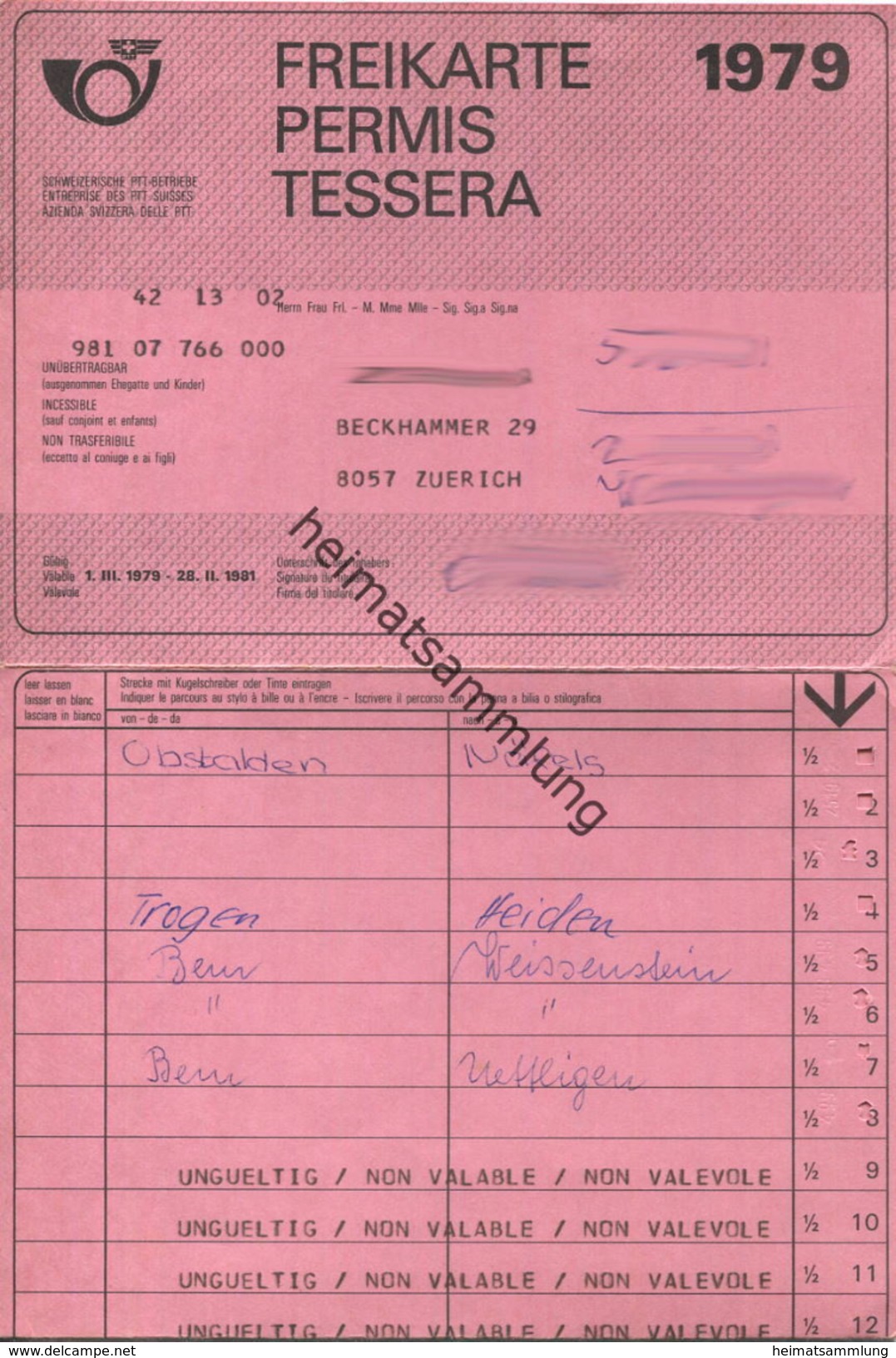 Schweiz - Schweizerische PTT-Betriebe - Postauto Freikarte 1979 - Europa