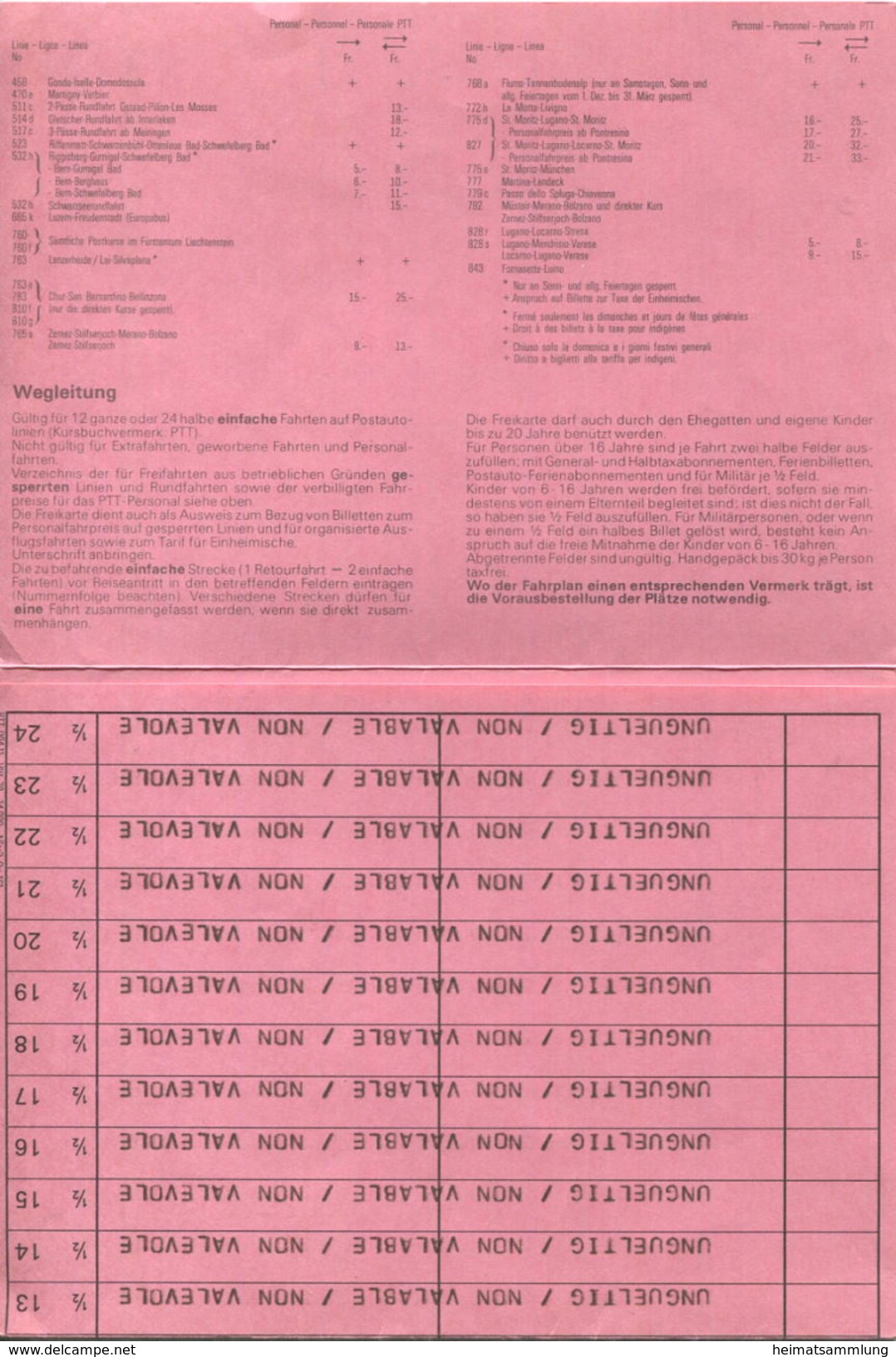 Schweiz - Schweizerische PTT-Betriebe - Postauto Freikarte 1979 - Europe