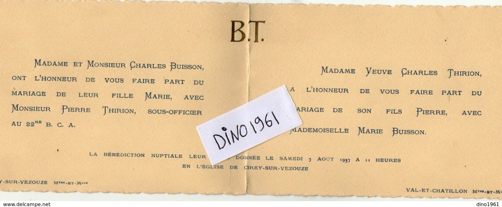 VP10.068 - CIREY SUR VEZOUZE X VAL - Faire Part De Mariage De Mr P.THIRON Sous Officier Au 22è B.C.A & Melle M.BUISSON - Boda