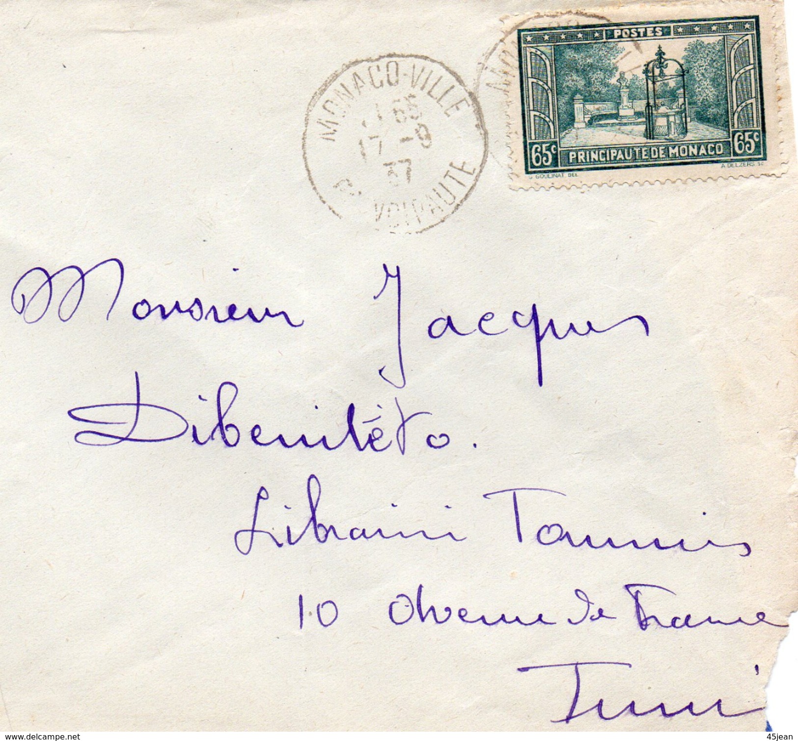 Monaco 1937 Timbre Placette François - Bosio Sur Enveloppe (01747) - Lettres & Documents