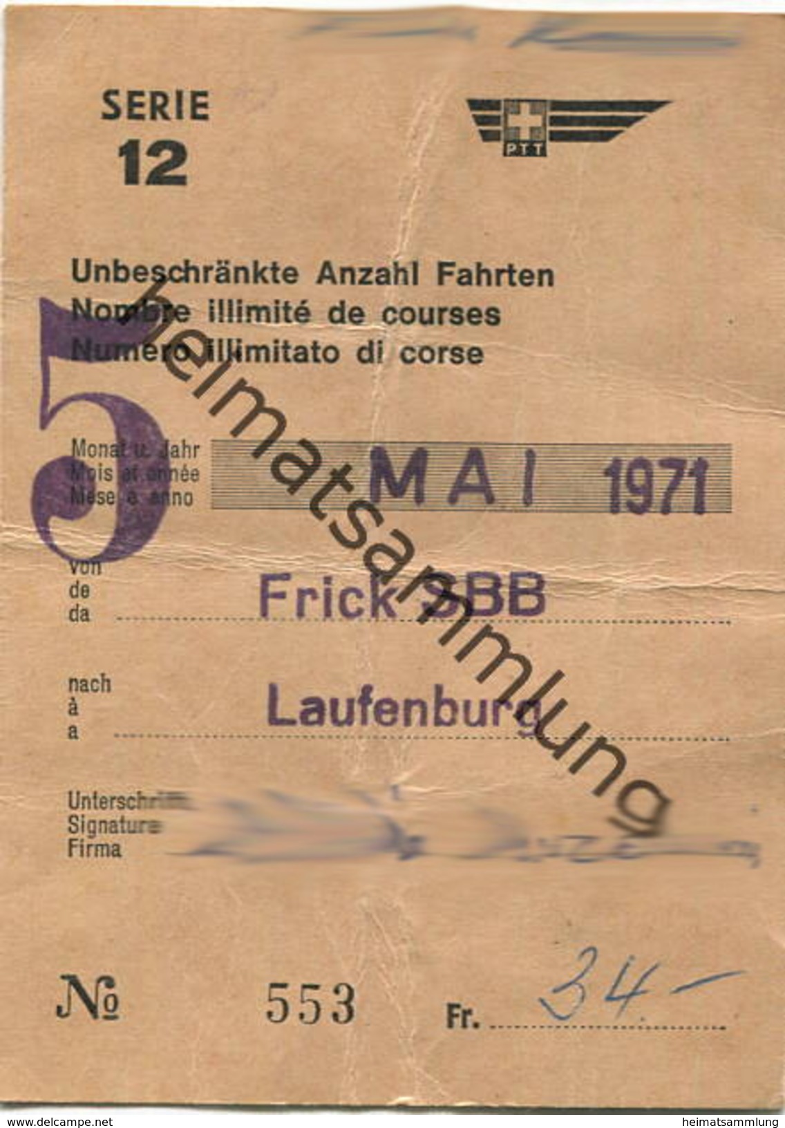 Schweiz - PTT - Abonnement 1971 - Frick SBB Laufenburg - Postauto Fahrkarte - Europa