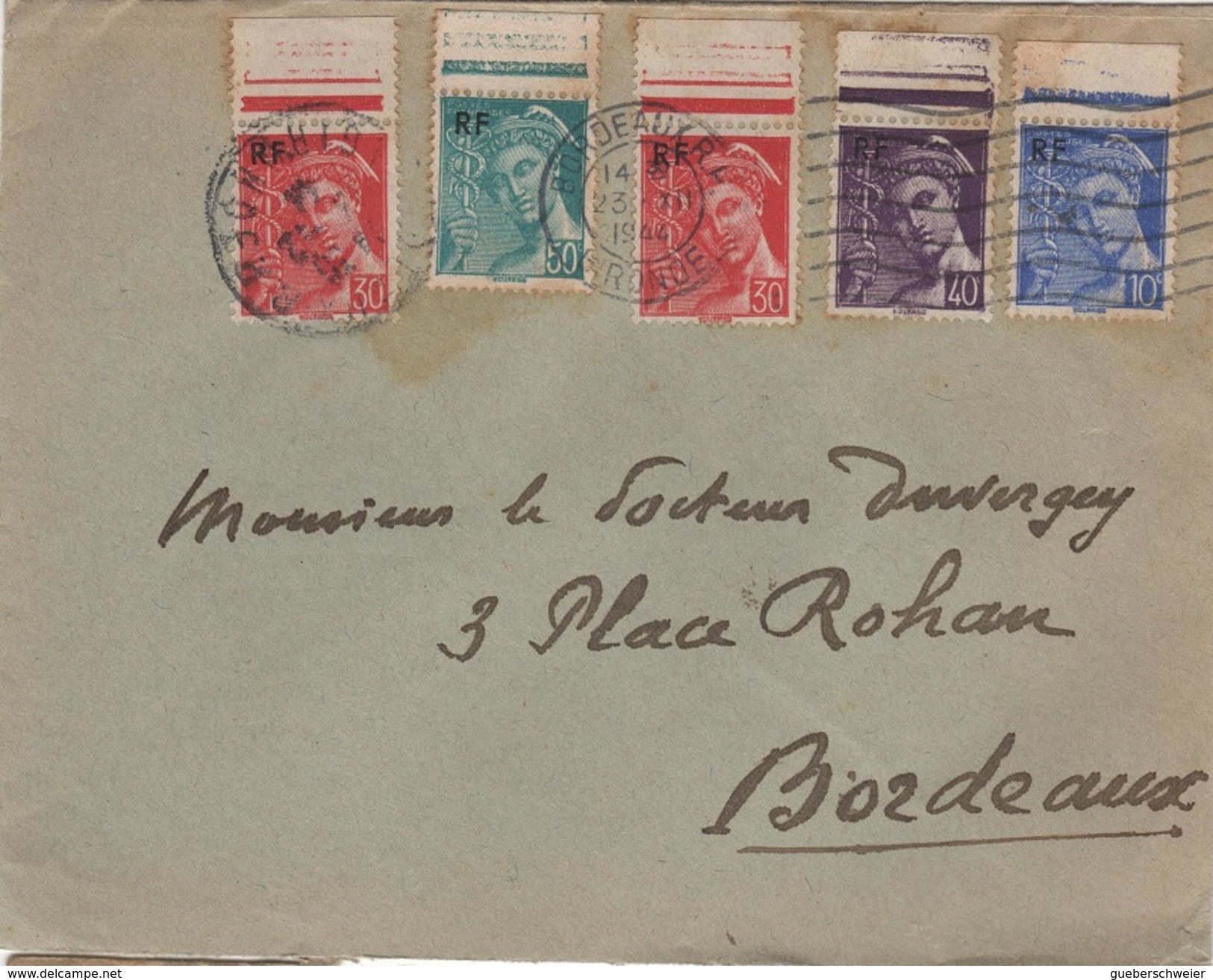 FR-L131 - FRANCE Mercure Surchargé RF Sur Lettre De Bordeaux 1944 - 1938-42 Mercurio