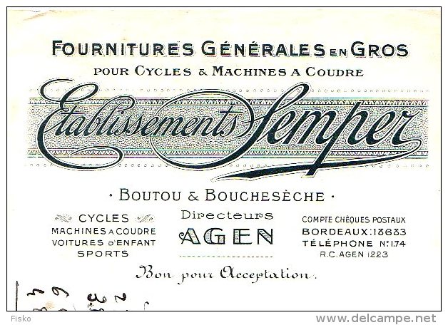 SEMPER (Boutou &amp; Boucheseche, Directerus)  Fournitures Cycles &amp; Machines A Coudre  AGEN - Lettres De Change