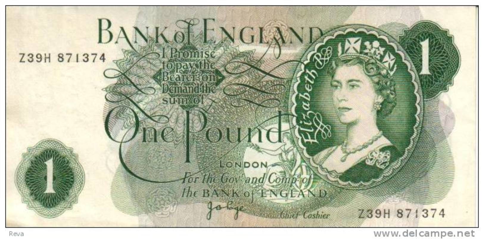 GREAT BRITAIN 1 POUND GREEN QEII HEAD FRONT WOMAN BACK MOTIF P.374c ND (1962-66) SIGN.JQ HOLLOM READ DESCRIPTION !! - 1 Pound