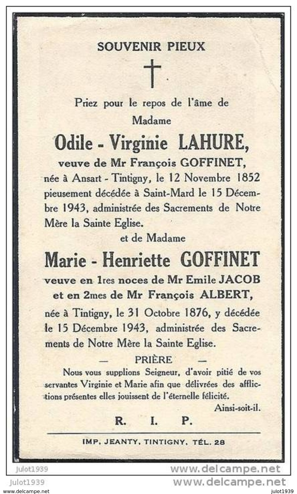 TINTIGNY ..-- Odile  LAHURE  Et  Marie - Henriette GOFFINET , Décédées Le 15 Décembre 1943 . - Tintigny