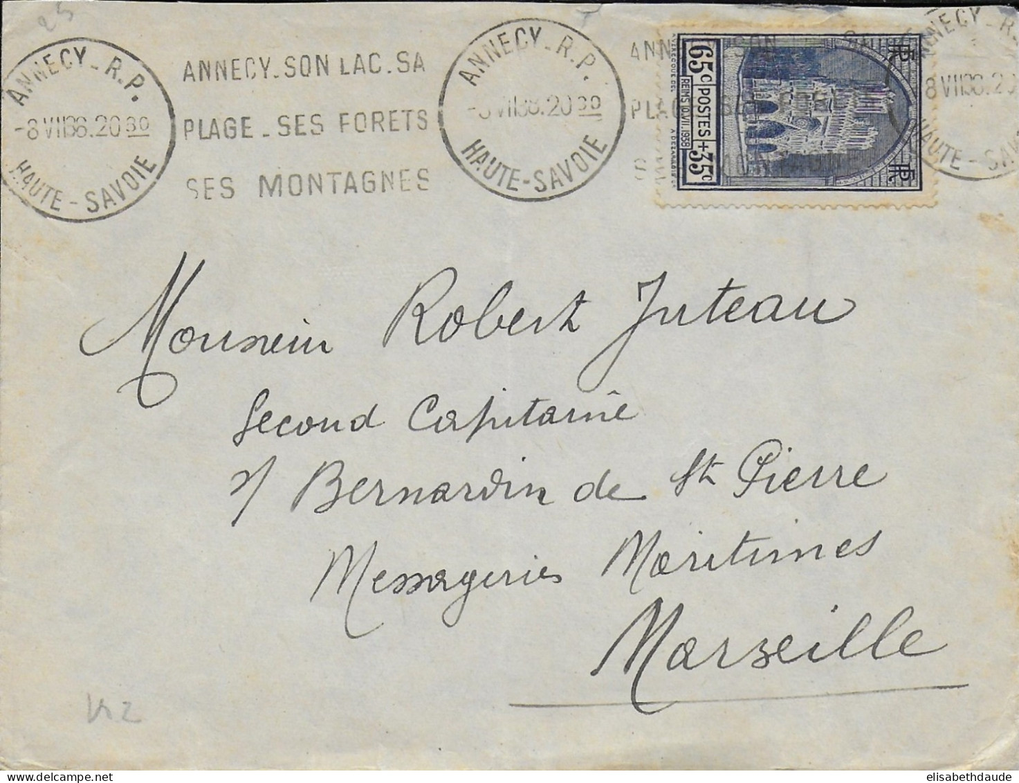 1938 - YVERT N°399 SEUL Sur LETTRE De ANNECY => MARSEILLE - 1° JOUR D'EMISSION - RARE FDC - ....-1949