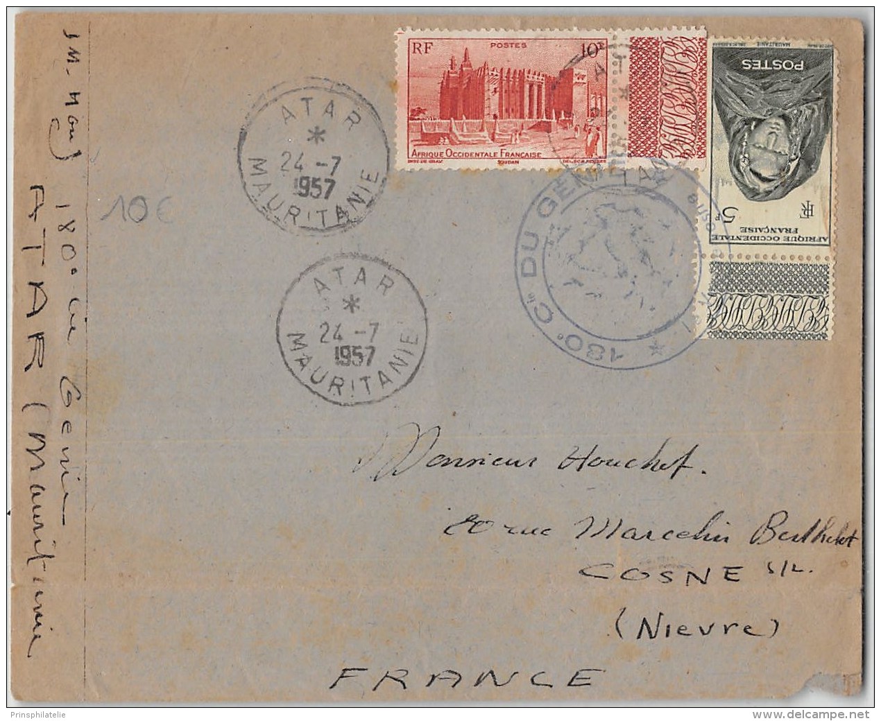 LETTRE DE ATAR 1957 AOF MAURITANIE DU 180e DU GENIE =&gt; FRANCE   1942  COVER COLONIES - Lettres & Documents