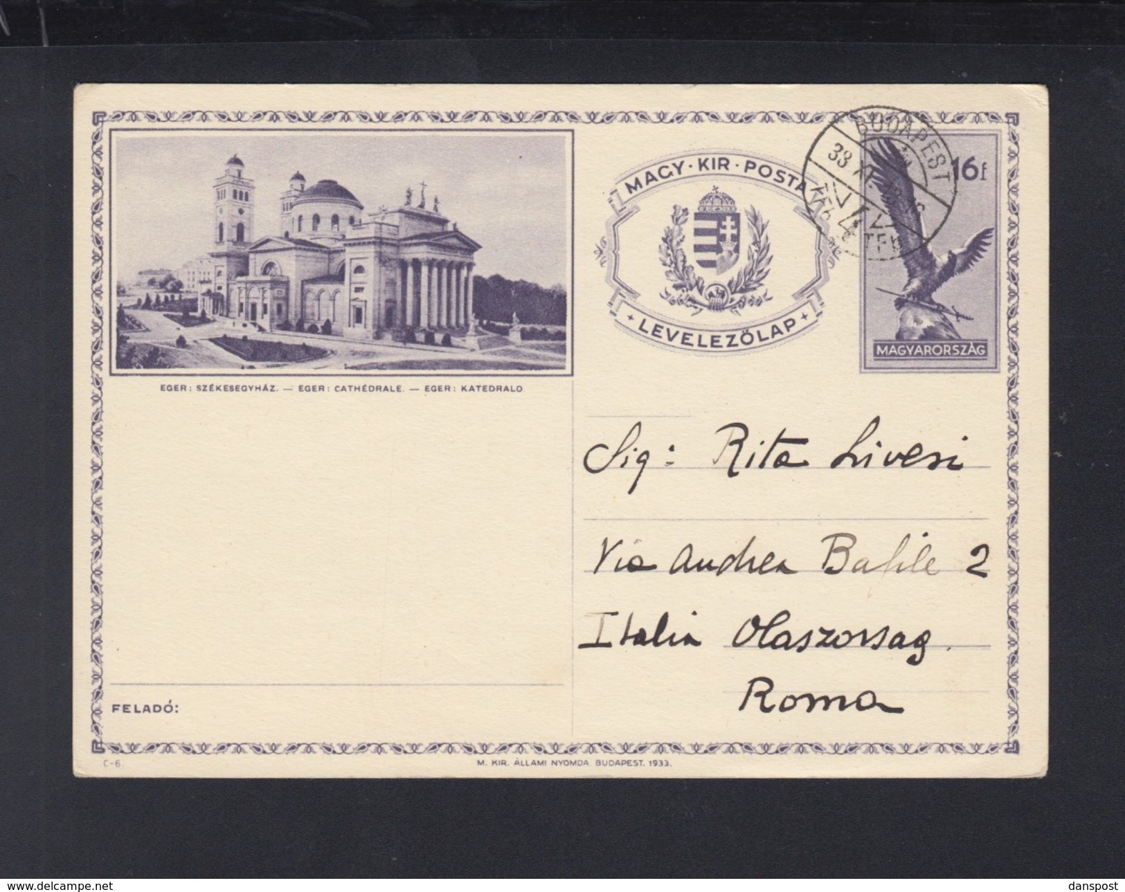 Hungary Stationery 1938 Eger Used - Postal Stationery