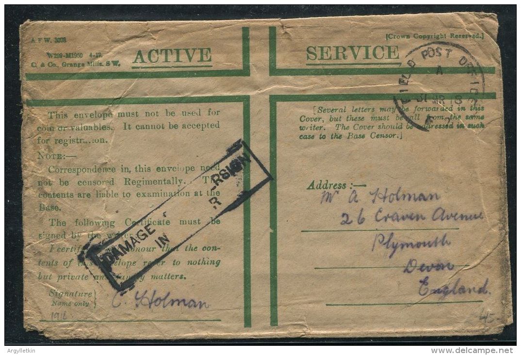 GREAT BRITAIN WORLD WAR ONE ACTIVE SERVICE STATIONERY PLYMOUTH DEVON 1918 - Non Classés