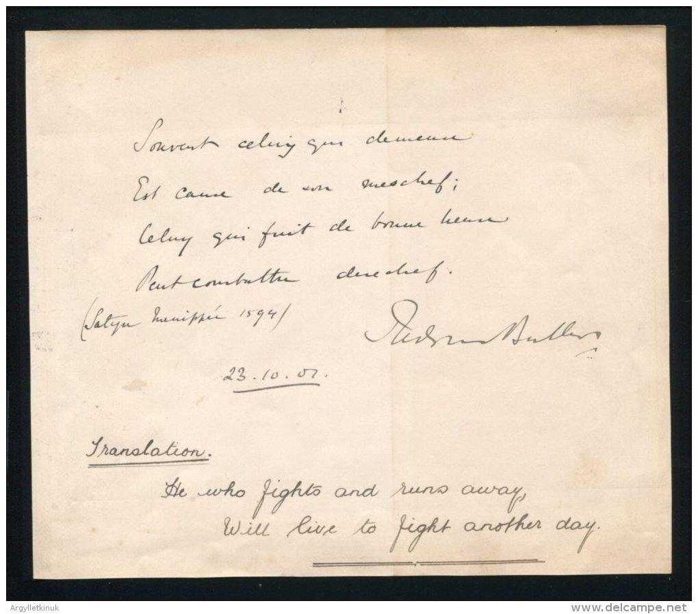 GENERAL REDVERS BULLER VC 1901 HANDWRITTEN FRENCH QUOTATION ‘HE WHO FIGHTS’ - Historische Documenten