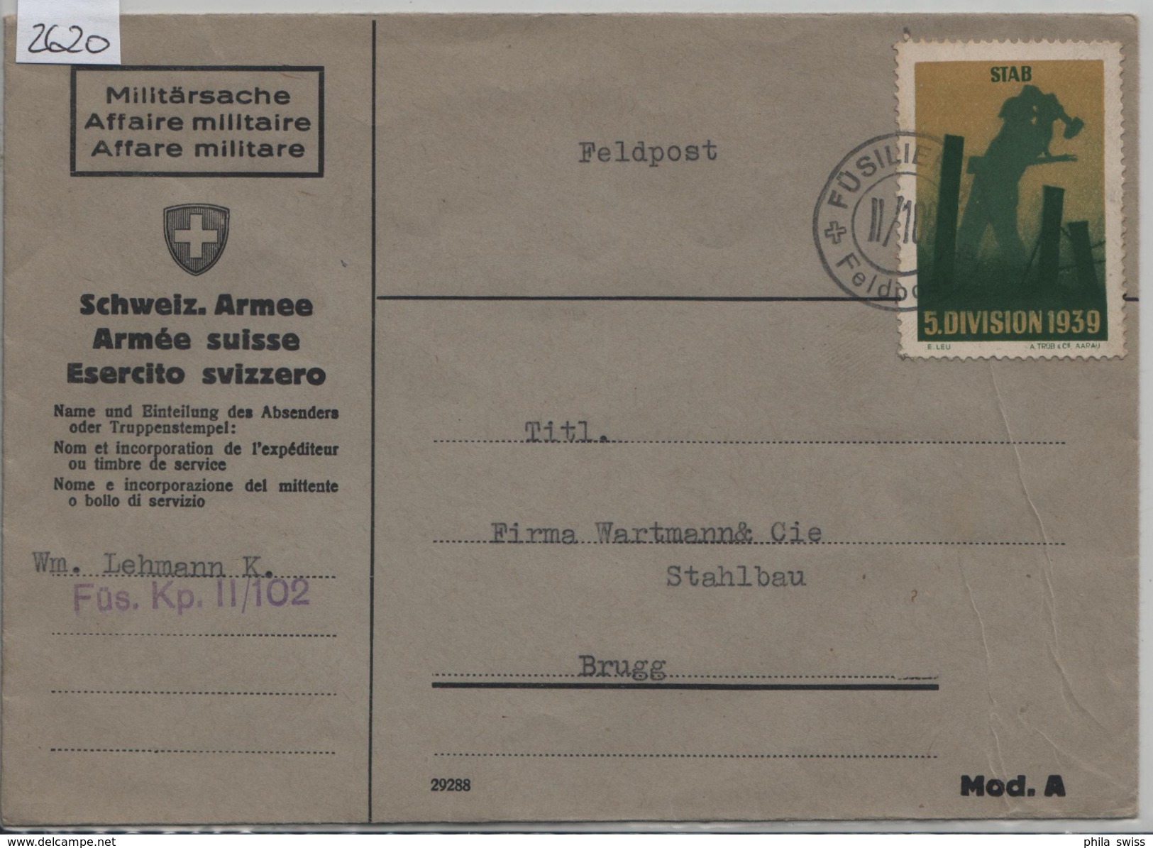 Feldpost 5. Division 1939 Stab - Füsilier Kp. II/102 Nach Brugg - Armme Suisse - Documents