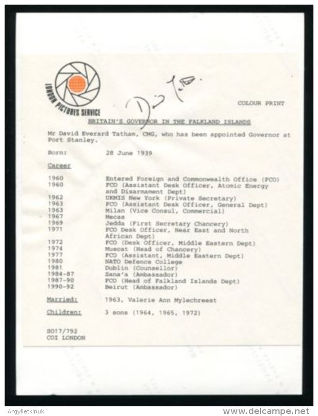 GOVENOR OF THE FALKLAND ISLANDS 1993 SIGNATURE - Other & Unclassified