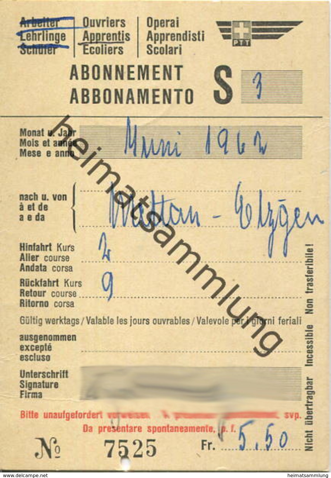 Schweiz - PTT - Lehrlings-Abonnement 1962 Mettau Etzgen - Europe